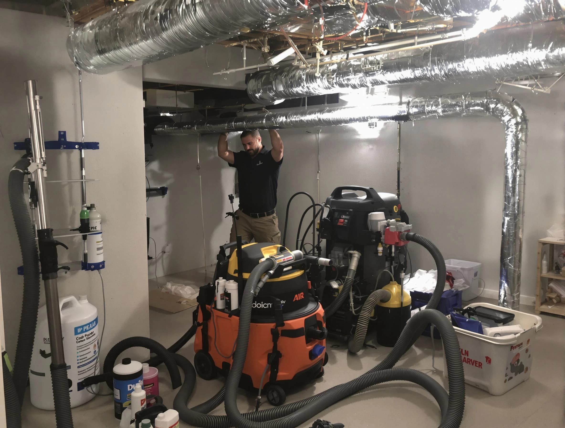 Decatur Air Duct Cleaning specialist performing professional mold removal from air ducts using safety equipment in Decatur